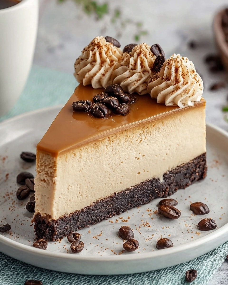 A slice of coffee-flavored cheesecake is shown with three layers: a bottom dark brown crumbly crust, a thick middle layer of light beige creamy cheesecake, and a smooth top layer of caramel-colored coffee glaze. On top, there are several small swirls of pale beige whipped cream with a dusting of coffee powder and a few dark brown whole coffee beans scattered over the swirls and plate. The slice sits on a white plate with a light blue textured surface, with coffee beans scattered around it, and a white marbled surface underneath. Photo taken with an iphone --ar 4:5 --v 7