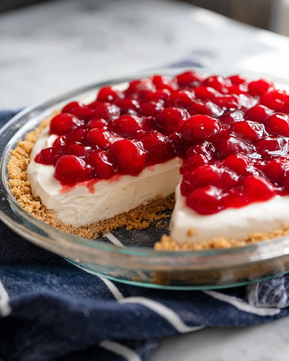 A pie with three layers sits on a clear glass pie plate placed on a white marbled surface. The bottom layer is a crumbly, light brown crust, about one inch thick. Above this is a thick, smooth, and creamy white filling, about two inches high. The top layer is a shiny, bright red cherry topping with whole cherries visible, glossy and slightly translucent, covering the filling completely. A slice is missing from the pie, showing the clean cut through the layers. A dark blue cloth with white stripes is casually placed around the plate. Photo taken with an iphone --ar 4:5 --v 7
