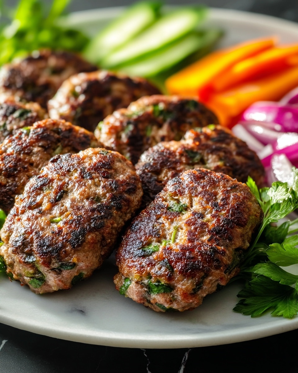 A close-up of seven grilled meat patties arranged side by side on a white plate, each patty showing a textured, browned and slightly charred surface with visible green herb pieces mixed in. Behind the patties, there are colorful vegetable chunks including bright orange carrot sticks, light green cucumber slices, and purple onion wedges, all placed on a white marbled surface that acts as the background. Fresh green parsley leaves are scattered around the edges, adding a pop of color to the scene. The photo is bright with natural lighting highlighting the juicy texture of the meat and the freshness of the vegetables, photo taken with an iphone --ar 4:5 --v 7