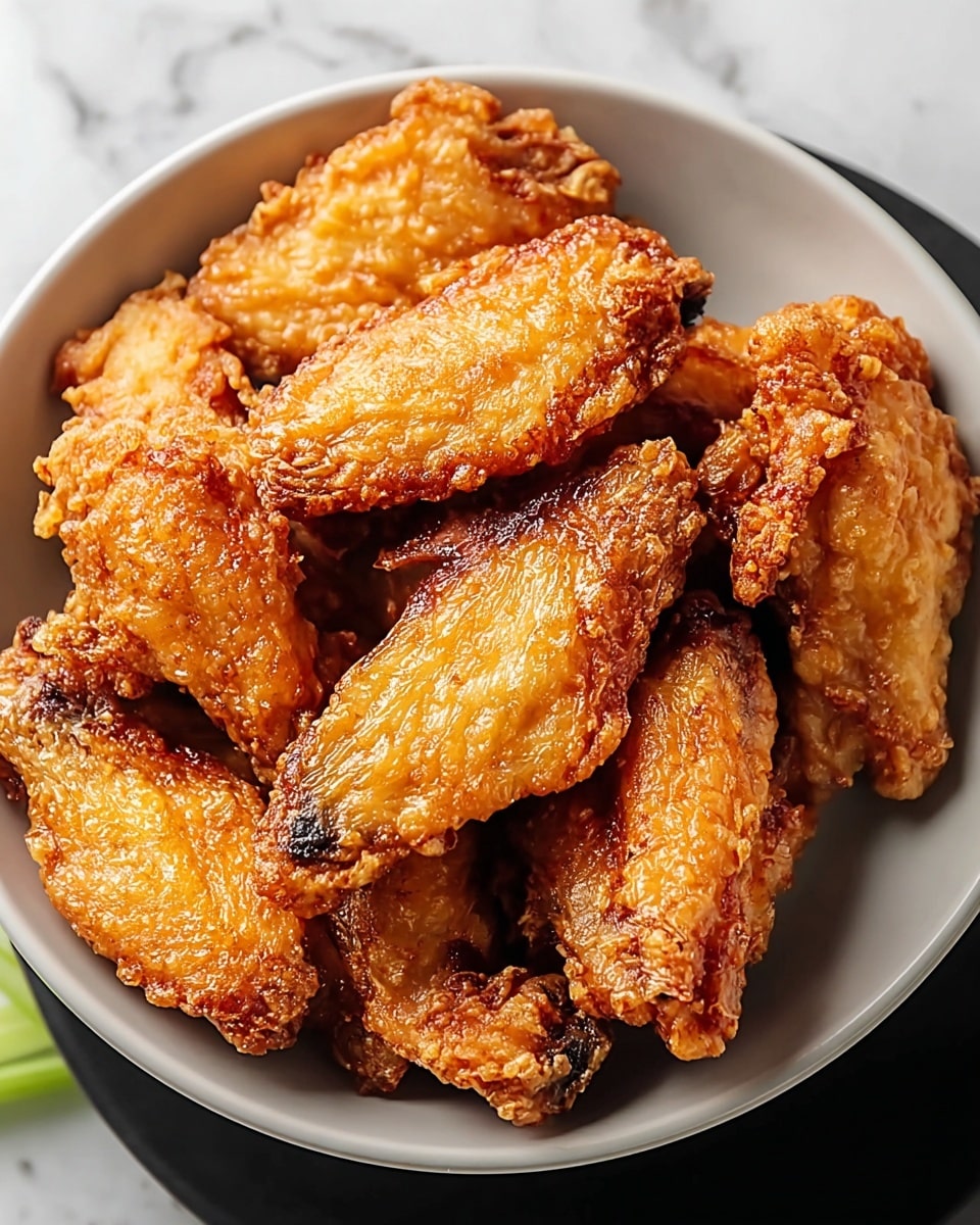 A bowl filled with seven golden brown fried chicken wings, each one showing a crispy, bubbly texture with some darker, well-fried spots near the ends. The wings are layered closely together, filling the entire round white bowl. The background is a white marbled surface, adding a clean contrast to the rich color of the fried wings. Photo taken with an iphone --ar 4:5 --v 7