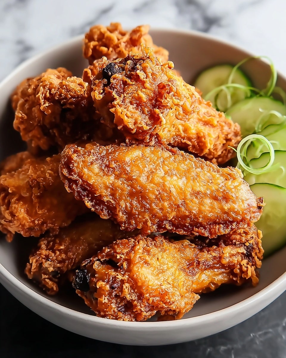 A bowl filled with seven golden brown crispy fried chicken wings stacked on top of each other showing a crunchy, bumpy texture with some dark tips of the wing bones visible. On one side inside the bowl, there are thin slices of green cucumber peeking out. The bowl is white and the background has a white marbled texture. photo taken with an iphone --ar 4:5 --v 7