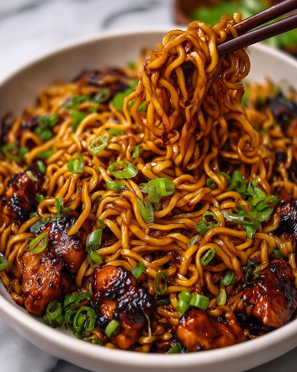 A close-up view of a bowl with noodles and small chunks of chicken. The bowl has one main layer of golden-brown curly noodles mixed with a sticky, shiny dark brown sauce. Scattered among the noodles are pieces of grilled chicken coated in a rich caramelized brown glaze with some charred edges. On top, bright green chopped scallions and some dark green herbs are sprinkled evenly for color contrast. Thin white sesame seeds are lightly scattered over the dish. A pair of dark brown chopsticks is picking up a curled bundle of noodles from the bowl. The bowl is white, sitting on a dark wooden surface that is not visible in the edited description. photo taken with an iphone --ar 4:5 --v 7