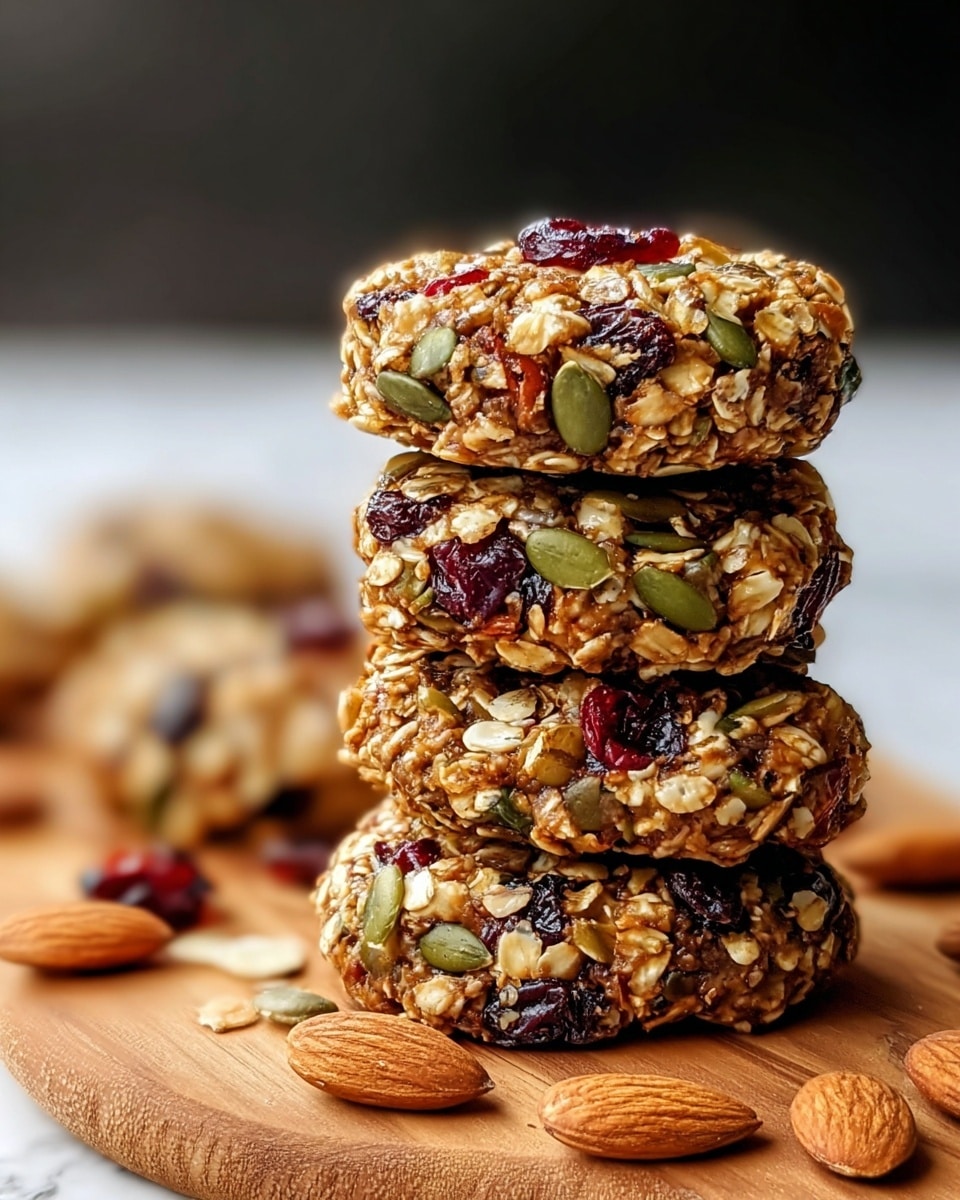 A stack of four round cookies made with oats, pumpkin seeds, dried cranberries, and chopped nuts is placed on a wooden board with scattered whole almonds around. Each cookie is thick, showing a rough texture with visible green pumpkin seeds, red dried cranberries, and light brown nuts mixed with the oatmeal base. The focus is on the top cookie, slightly tilted to show its chunky ingredients, with a blurred background of more cookies in a similar stack on a white marbled surface. Photo taken with an iphone --ar 4:5 --v 7