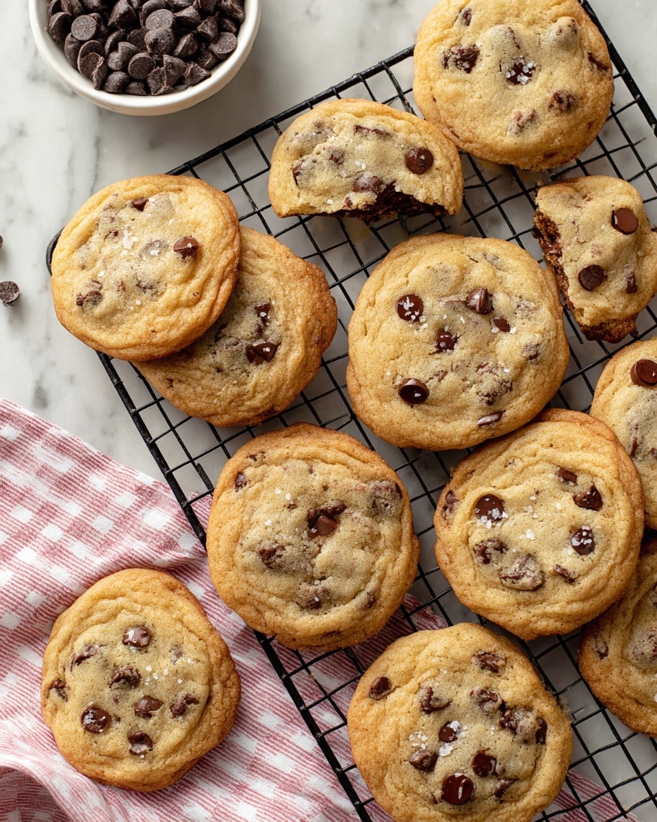 A group of soft, golden brown chocolate chip cookies with slightly cracked tops scattered on a black metal cooling rack. Each cookie is round with a light golden outer edge and a pale, slightly textured center dotted with melted dark chocolate chips and small sprinkles of coarse salt. One cookie in the middle is broken into two pieces, showing a moist inside with chocolate chips. Nearby, a white bowl filled with dark chocolate chips sits on a white marbled surface, next to a pink and white checkered cloth. photo taken with an iphone --ar 4:5 --v 7