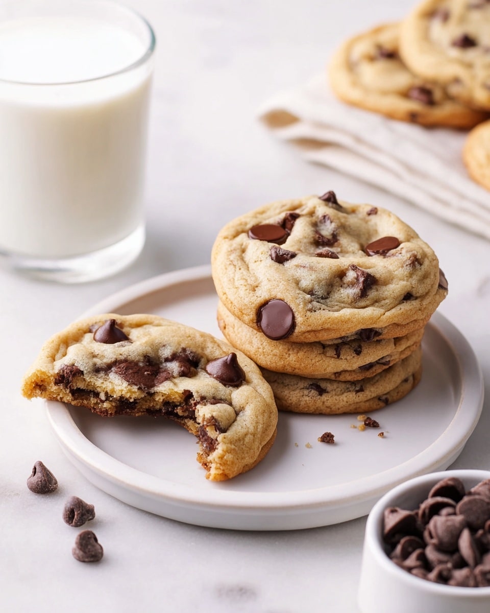 The image shows a white plate with three chocolate chip cookies stacked on one side and one cookie with a bite taken out of it beside the stack. The cookies are golden brown with soft, slightly uneven surfaces and large, dark chocolate chips scattered on top and inside. Behind the plate, there is a clear glass of milk, and in the foreground, there is a small white bowl filled with chocolate chips, with a few scattered on the white marbled surface around it. The whole setup is on a white marbled texture with soft, natural lighting. photo taken with an iphone --ar 4:5 --v 7