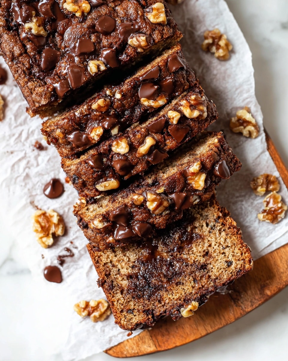 A sliced loaf of dark brown bread with a moist texture, filled with melted dark chocolate chunks and chopped walnuts, is shown on crumpled white parchment paper. The bread has a rough, crumbly surface with shiny, smooth chocolate chips and light tan walnut pieces scattered on top. The slices reveal an uneven, dense inside with visible pockets of chocolate and nuts. The setup is on a white marbled surface. photo taken with an iphone --ar 4:5 --v 7