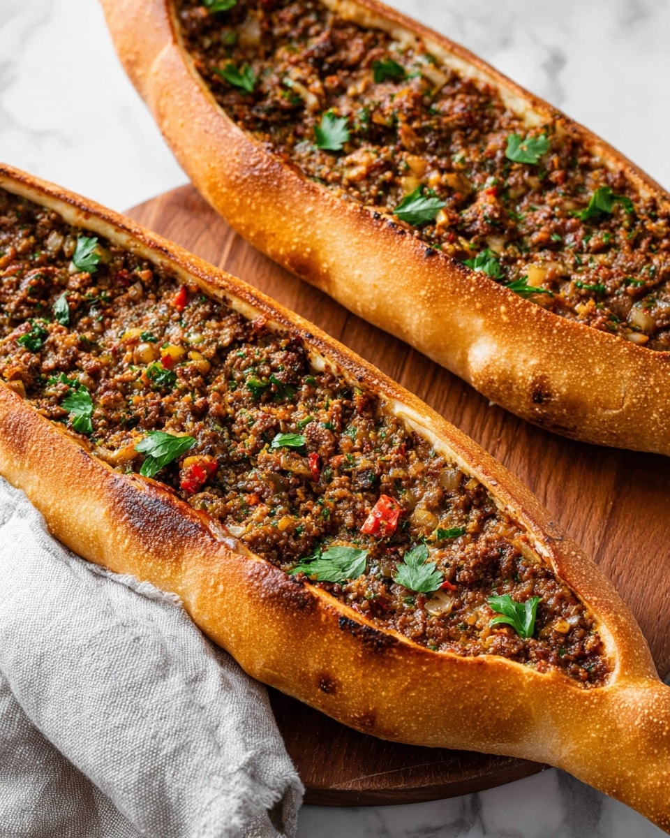 Two long, boat-shaped breads with golden-brown crusts are filled with a thick layer of finely ground cooked meat mixed with small pieces of green herbs, onions, and red peppers. The filling is evenly spread inside the crust, showing a rough texture with small bits of vegetables and fresh green leaves sprinkled on top. The breads rest on a wooden board with a white marbled surface beneath it, and a light gray cloth is placed nearby. photo taken with an iphone --ar 4:5 --v 7