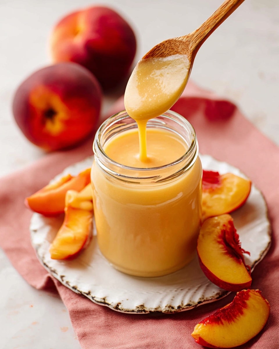 A clear glass jar filled with smooth, thick, pale orange-yellow peach sauce sits on a white plate with a textured rim, which rests on a coral pink cloth. A wooden spoon, coated with the sauce, is held above the jar, dripping some sauce back into it. Around the jar, there are whole and sliced peaches showing their bright red and orange skin and soft yellow flesh. The scene is set on a white marbled texture surface, creating a bright and fresh look. photo taken with an iphone --ar 4:5 --v 7