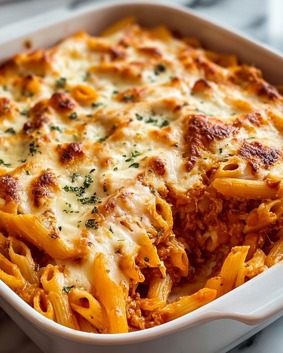 A close-up of baked penne pasta in a white ceramic dish shows three main layers. The bottom layer is a reddish-orange tomato sauce mixed with cooked penne pasta, with a slightly glossy texture. The middle layer is more pasta, evenly coated with sauce, creating a thick and hearty base. The top layer is melted cheese, golden in spots with small brown bubbles, sprinkled with green herbs that add color contrast. The dish sits on a white marbled surface. photo taken with an iphone --ar 4:5 --v 7