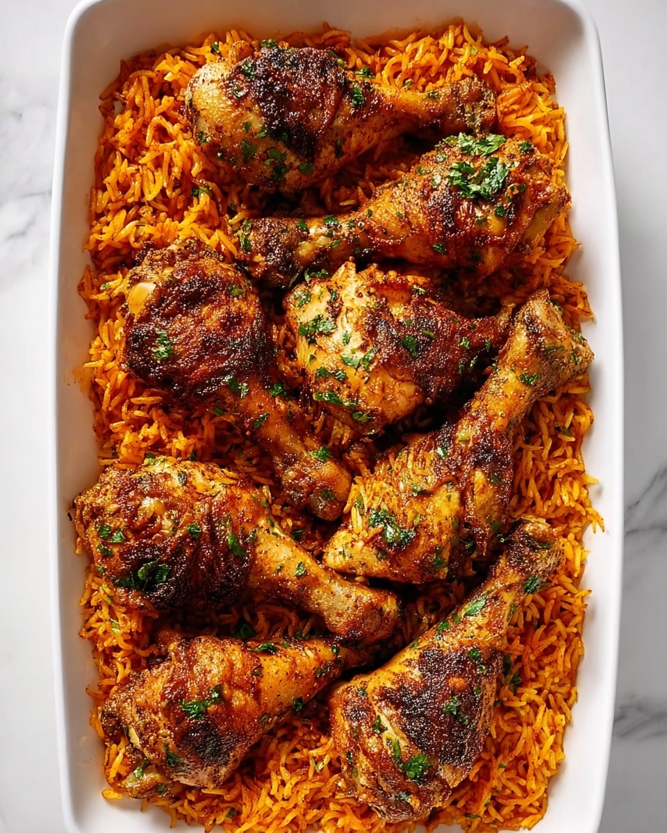 A white rectangular dish holds a single layer of bright orange spiced rice with visible grains spread evenly across the bottom. On top, there are seven large roasted chicken drumsticks arranged randomly, each with a crispy, browned skin showing darker grill marks and a sprinkle of green herbs. The chicken pieces have a textured surface with a rich golden-brown color mixed with reddish spices, contrasting with the vibrant rice below. The scene is set on a white marbled texture background. photo taken with an iphone --ar 4:5 --v 7