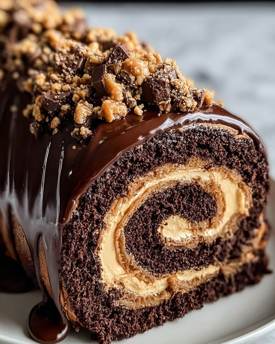 The image shows a close-up of a chocolate roll cake with visible spiral layers. The outer layer is dark brown chocolate cake, thick and moist, while the inner spiral layers alternate between creamy light tan filling and rich dark chocolate filling, creating a striking contrast. The whole roll is covered with a shiny, smooth dark chocolate glaze that drips slightly off the edge. On top, there are textured clusters of light tan and dark chocolate crumb chunks that add a crunchy detail. The cake sits on a white plate against a white marbled background. Photo taken with an iphone --ar 4:5 --v 7