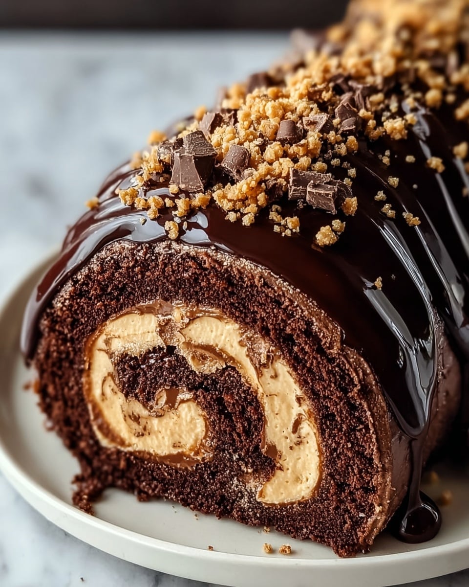 A close-up view of a chocolate roll cake showing three main layers: a dark brown chocolate sponge cake layer on the outside, a creamy beige filling layer in the middle, and a swirl of chocolate ganache inside the roll. The entire cake is covered with a shiny, smooth dark chocolate glaze that drips slightly down the sides. On top, there is a sprinkling of crumbly beige and chocolate bits as decoration. The cake is placed on a white plate, set against a white marbled surface. photo taken with an iphone --ar 4:5 --v 7