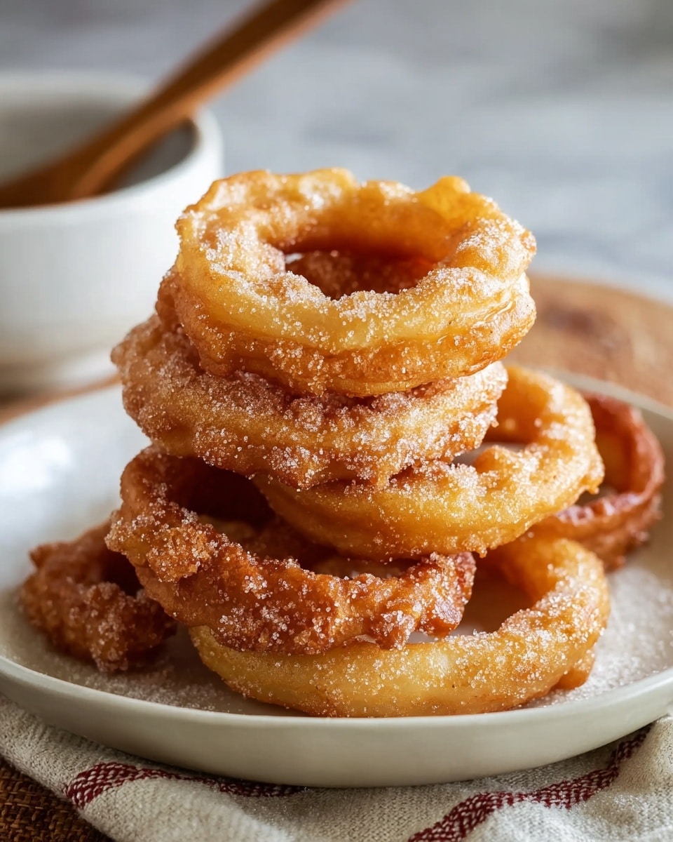 A stack of five golden brown, fried onion rings, each with a crispy, textured surface covered in sugar powder, sits neatly piled on a white plate. The rings vary in size, with the largest on top and smaller ones beneath, showing layers of light, bubbly batter. The sugary coating adds a sparkling white contrast to the warm, toasted tones of the onion rings. A white bowl blurred in the background holds a wooden spoon, and the plate sits on a soft cloth with woven patterns, all set against a white marbled textured surface. photo taken with an iphone --ar 4:5 --v 7