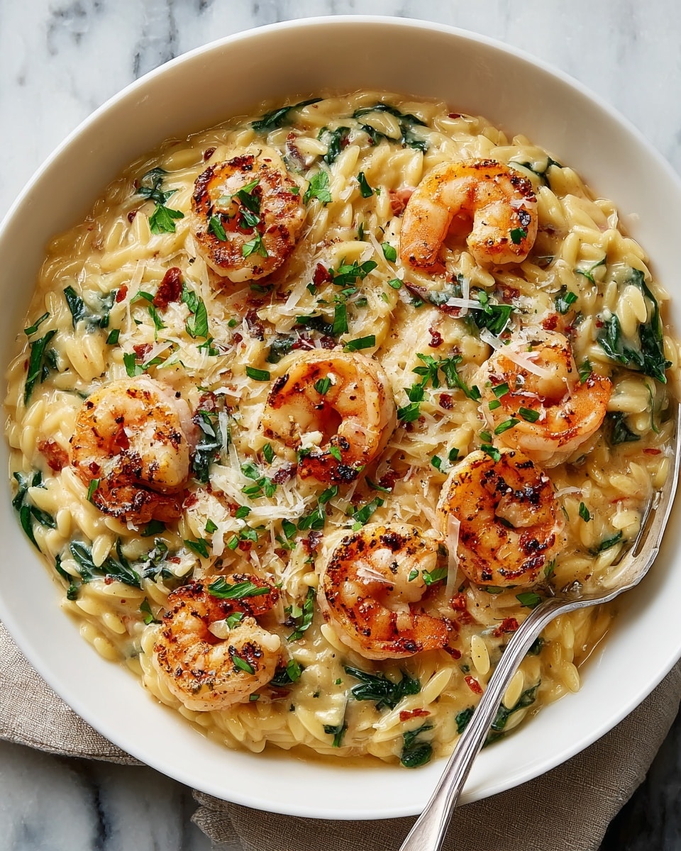 A white bowl filled with a creamy orzo pasta dish layered with large pink shrimp on top, sprinkled with finely chopped green parsley and grated white cheese. The orzo is soft, coated in a light golden sauce with bits of green spinach mixed in. The shrimp have a slightly charred texture and are scattered evenly over the pasta. There is a silver fork resting on the right edge of the bowl, slightly picked up with a shrimp on its tines. The bowl is set on a white marbled surface with a beige cloth napkin beside it. photo taken with an iphone --ar 4:5 --v 7