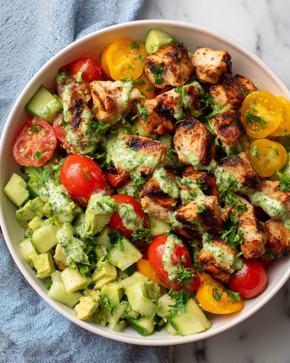 The image shows a white bowl filled with a colorful salad. The base layer consists of bright green avocado chunks mixed with light green cucumber pieces. On top of this base, there are golden brown grilled chicken cubes with dark char marks, adding a rich texture. Scattered throughout the salad are halved cherry tomatoes in red and yellow, bringing pops of vibrant color. Fresh parsley leaves are sprinkled all over, adding a fresh green contrast, while a chunky green dressing lightly coats some parts of the salad. The bowl is placed on a white marbled surface with a blue and white cloth nearby. Photo taken with an iphone --ar 4:5 --v 7