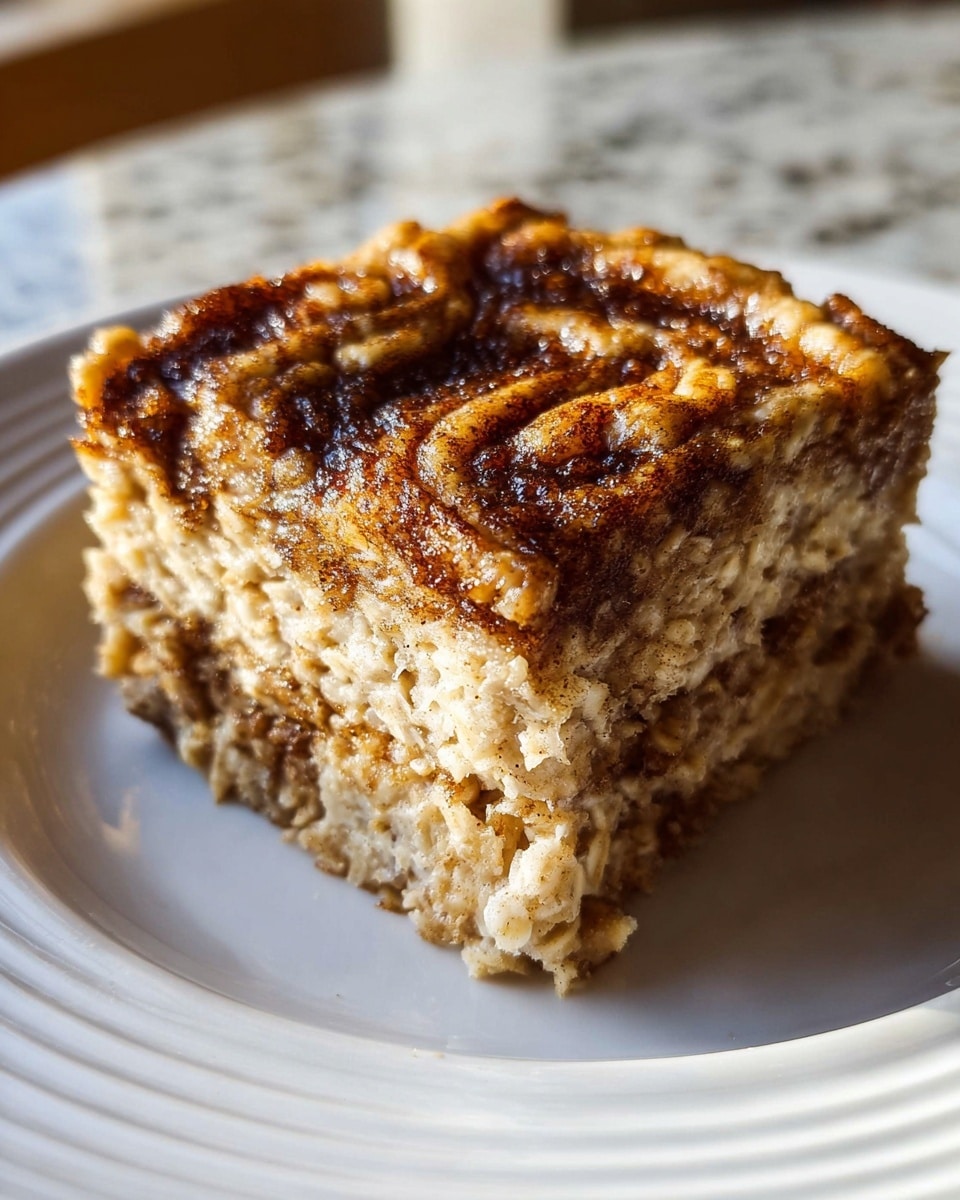 A close-up image of a square piece of baked oatmeal on a white plate with subtle ridges near the edges, placed on a white marbled surface. The dish has three layers: the bottom and middle layers are light beige and textured from the oats, compact but fluffy, while the top layer is darker brown with a glossy, slightly sticky appearance due to cinnamon and sugar swirls creating a marbled pattern. The top surface shows some wrinkles and a caramelized finish with a sprinkle of cinnamon powder. The lighting adds a warm glow and detailed texture to the oatmeal. photo taken with an iphone --ar 4:5 --v 7