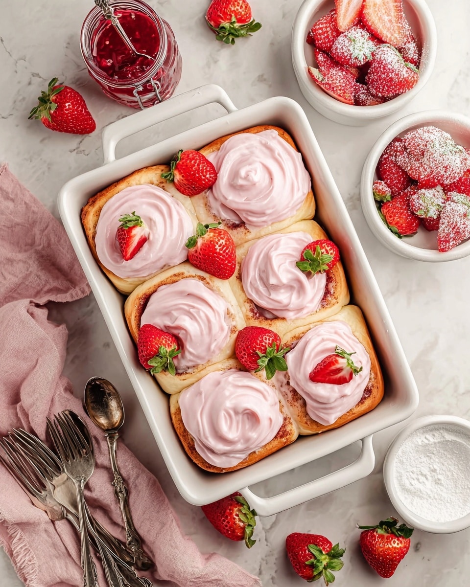 The image shows six soft, golden-brown cinnamon rolls in a white rectangular baking dish, each topped with a smooth, pale pink frosting spread in a swirled pattern. Scattered over the frosting and nestled between the rolls are several halved and whole bright red strawberries with green leaves, adding a fresh, vibrant contrast. Around the dish, there are small white bowls filled with sliced strawberries and powdered sugar-coated treats, a jar of red jam with a spoon, and vintage silver cutlery on a white marbled surface. A pastel pink cloth is partially visible beside the dish. Photo taken with an iphone --ar 4:5 --v 7