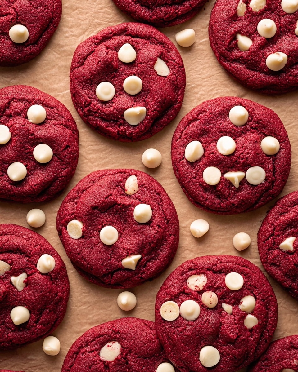 The image shows many round red velvet cookies spread out closely on a brown paper surface placed over a white marbled texture. Each cookie has a deep red color with a slightly cracked texture on top, and they are decorated with scattered white chocolate chips, some of which stand upright while others lie flat. The cookies appear soft and thick with a rich, moist look, and some white chocolate chips are also scattered loosely around the cookies on the paper. photo taken with an iphone --ar 4:5 --v 7