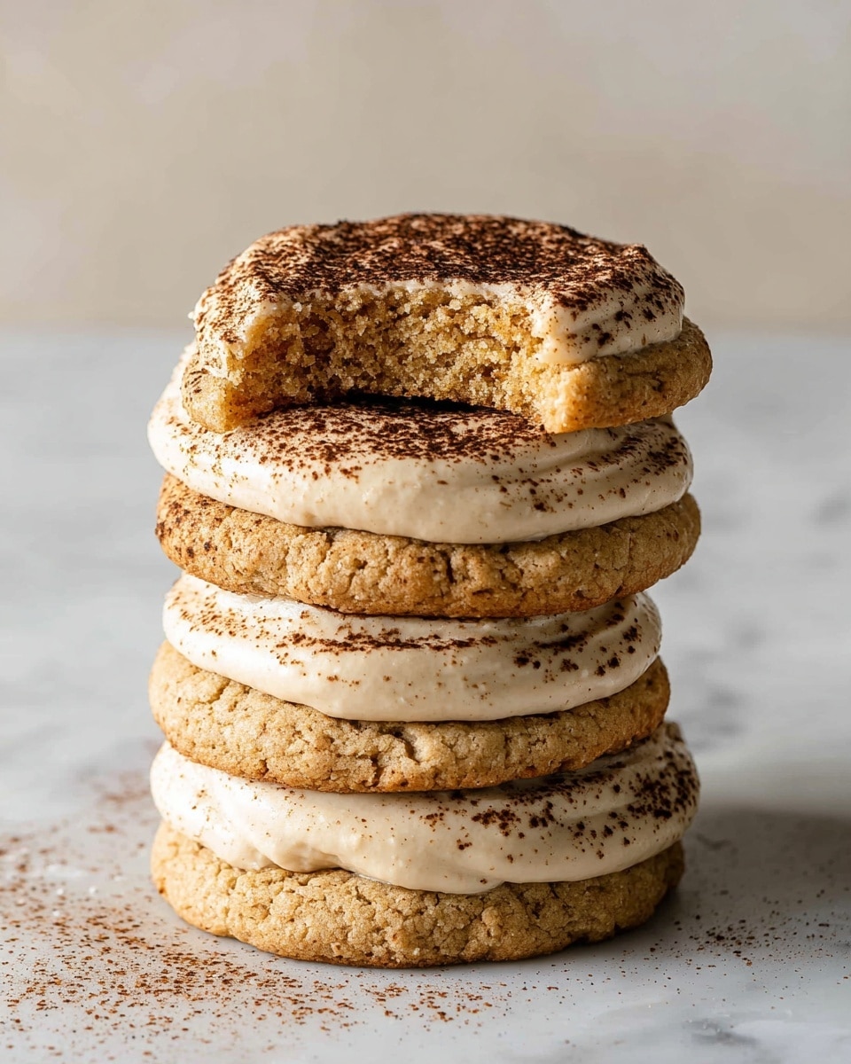 A stack of five round oatmeal cookies, each separated by a thick layer of light beige creamy frosting with a smooth texture. The top layer of frosting is dusted with a fine dark brown powder, likely cocoa or cinnamon. The top cookie has a bite taken out, showing a dense, crumbly interior with a golden-brown color. The cookies have a rough surface texture with small cracks. The stack sits on a white marbled surface with a soft light coming from the left side. photo taken with an iphone --ar 4:5 --v 7