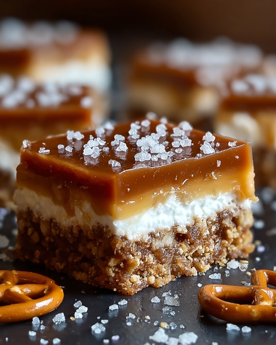 The image shows a close-up of a square caramel dessert bar with three layers on a white marbled surface. The bottom layer is a crumbly golden-brown crust, the middle layer is a soft white cream with some soft texture, and the top layer is a thick, shiny caramel sauce that slightly drips down the sides. The caramel layer is sprinkled with large white salt crystals and small round white toppings. In the foreground, there is a small caramel-covered pretzel with white round toppings. The background shows blurred similar caramel bars. Photo taken with an iphone --ar 4:5 --v 7