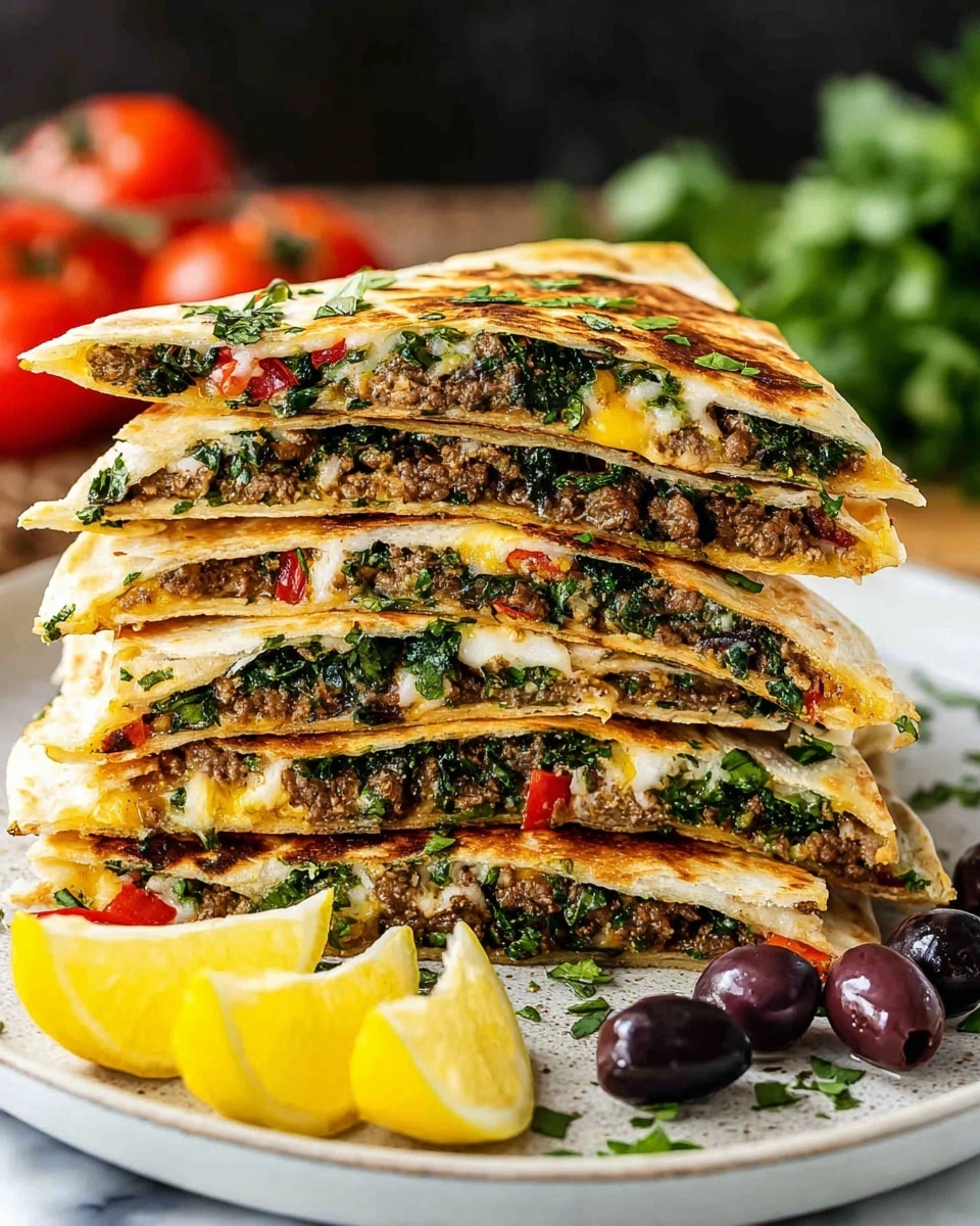 A stack of six folded quesadilla slices is shown on a white plate, each slice filled with visible layers of ground meat, chopped green herbs, melted cheese, and small red pieces that look like tomatoes or peppers. The outer tortilla layers are golden brown and slightly crispy. The stack leans slightly to one side, and in front of it, there are three lemon wedges and a few dark purple olives, all placed on the white plate. The background features fresh green leafy herbs and red tomatoes, set against a white marbled surface. photo taken with an iphone --ar 4:5 --v 7