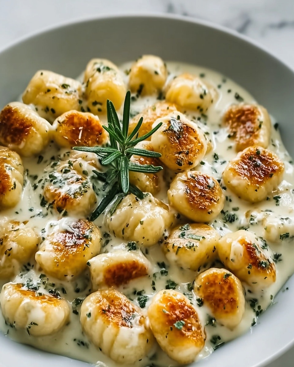 The image shows a plate full of golden brown gnocchi covered in a creamy white sauce sprinkled with green herbs. Each gnocchi piece has a slightly browned top, adding a crispy texture to the soft, smooth surface. A small rosemary sprig sits on top, adding a fresh green color contrast. The white plate is placed on a white marbled surface. The overall look is warm and inviting with a mix of creamy, golden, and green colors. photo taken with an iphone --ar 4:5 --v 7