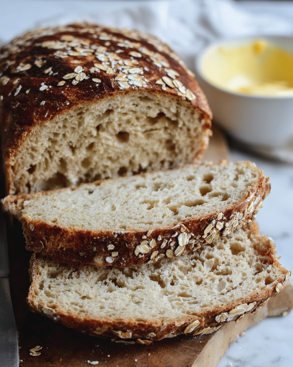 A close-up view of a sliced loaf of oat-topped bread resting on a wooden board, showing four layers: the top layer with a dark brown crust covered with oats, the second and third layers consisting of thick, soft, light beige bread slices with a spongy texture and small air holes, and a fourth slice at the bottom, slightly overlapping the others, with a crusty edge also sprinkled with oats. In the background, slightly blurred, there is a white bowl filled with pale yellow butter on a white marbled surface. photo taken with an iphone --ar 4:5 --v 7