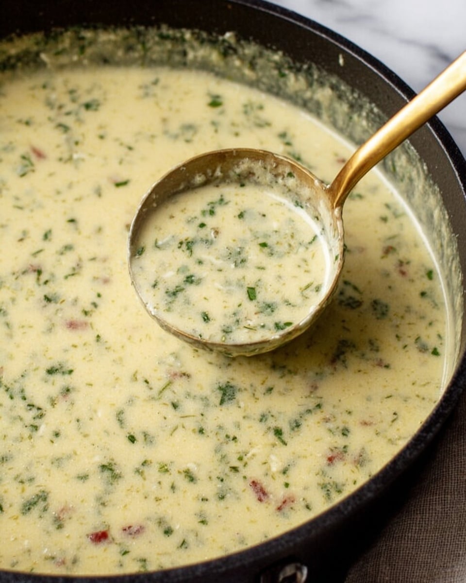 The image shows a close-up view of a thick soup in a black pan. The soup is creamy with a pale yellow color and has small green herb pieces and tiny bits of red mixed evenly throughout. A golden ladle is dipped into the soup, lifting some of it, showing its smooth and slightly chunky texture. The pan edges appear slightly worn, and the soup fills most of the pan. The background is a white marbled surface. photo taken with an iphone --ar 4:5 --v 7