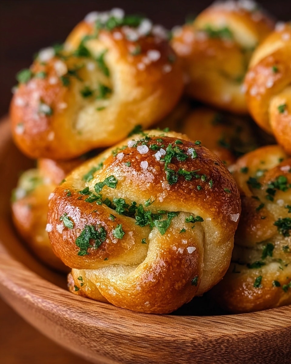 A close-up of several golden brown garlic knots piled inside a wooden bowl, each knot showing a soft, shiny texture with caramelized edges, topped with small coarse salt crystals and specks of bright green finely chopped parsley scattered evenly across the surface, highlighting the baked dough’s smooth and slightly glistening finish. The background shows a blurred view of more garlic knots, emphasizing the warm, inviting colors and textures. photo taken with an iphone --ar 4:5 --v 7