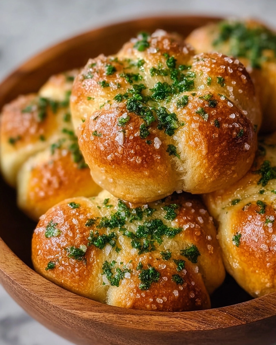 A close-up image shows several soft, golden-brown bread rolls shaped into a flower pattern with five rounded petals each. The top of the rolls is shiny, covered with green parsley flakes and sprinkled with coarse salt crystals. The texture of the bread looks fluffy with a slightly crispy outer crust, and the rolls are stacked closely together inside a wooden bowl. The bowl sits on a white marbled surface, giving a clean and fresh look to the scene. photo taken with an iphone --ar 4:5 --v 7