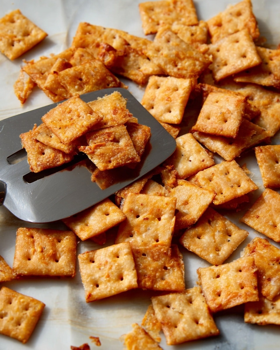 A close-up view of many golden brown baked cheese crackers scattered on a white marbled surface, with some crackers resting on a wide silver spatula that holds a small pile of them near the center of the image. The crackers are square-shaped with small holes in the middle and have a crispy texture with some darker toasted spots. The lighting highlights the uneven surfaces and slight sheen of melted cheese on the crackers. photo taken with an iphone --ar 4:5 --v 7