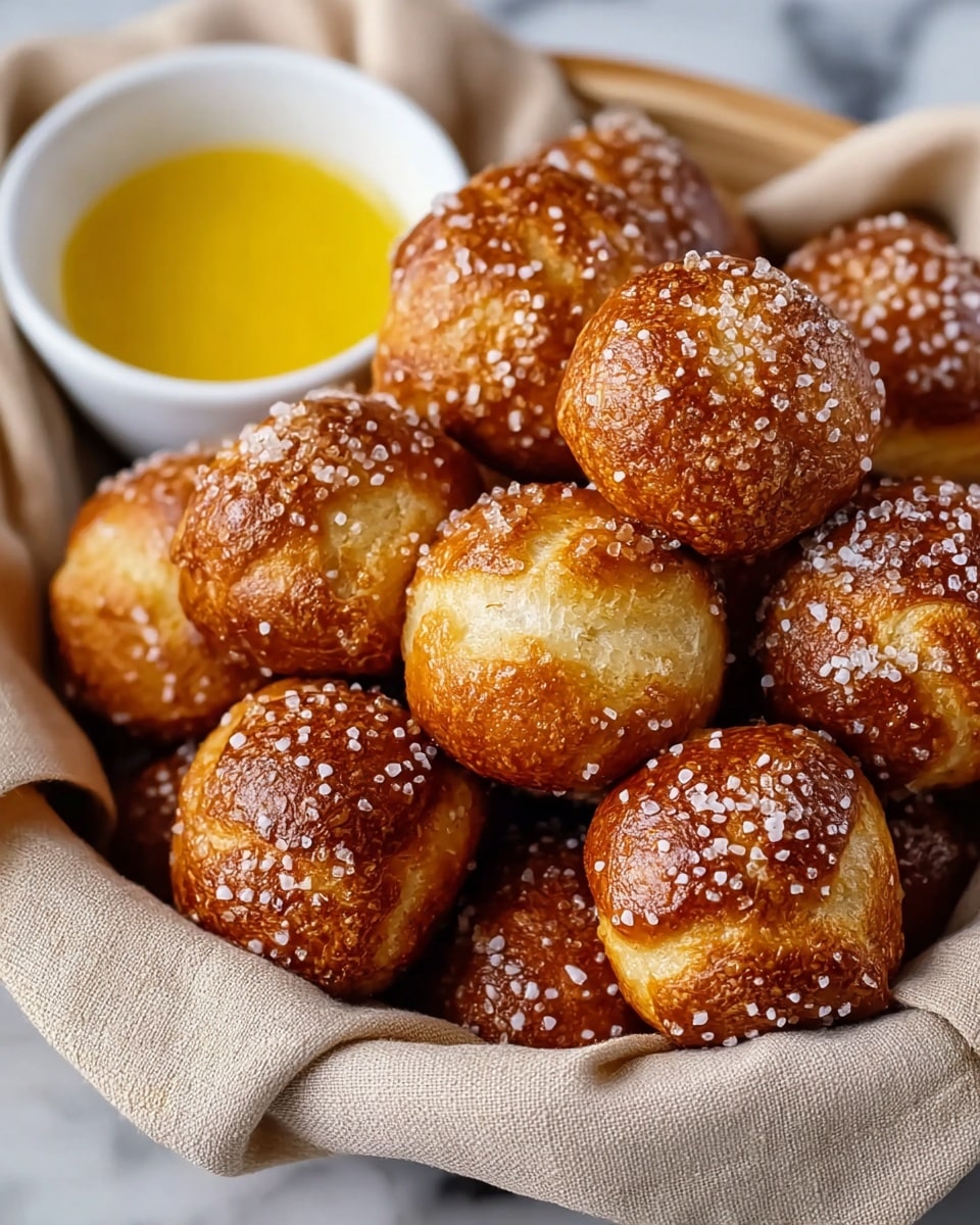 A close-up view of a basket lined with a beige cloth, filled with about a dozen small, round pretzel bites that have a shiny, golden-brown surface sprinkled generously with coarse salt. The pretzel bites show a slightly cracked texture on top, revealing a soft, light yellow interior. A white bowl containing melted yellow butter sits in the background near the edge of the basket. The basket and its contents rest on a white marbled surface. Photo taken with an iphone --ar 4:5 --v 7