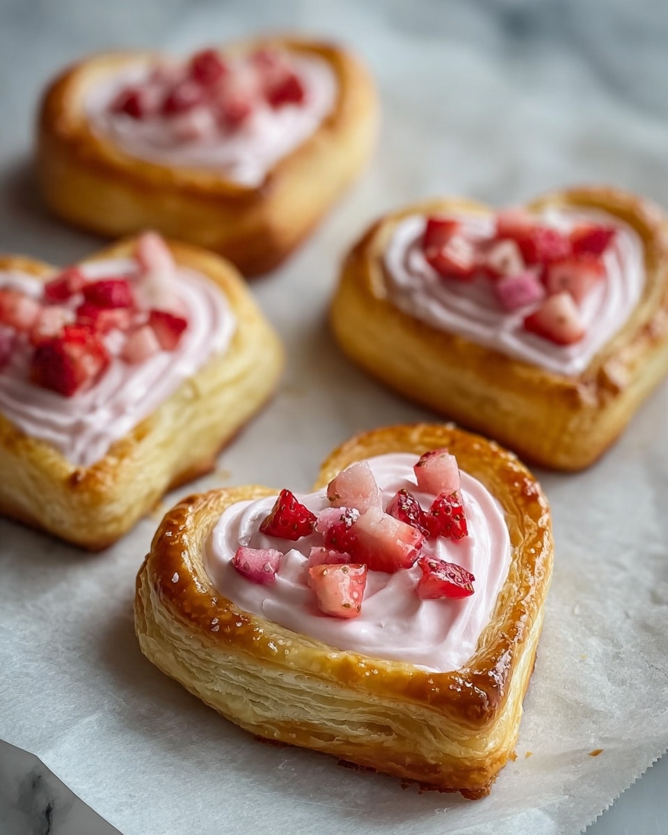 The image shows four heart-shaped pastries with a golden brown, flaky crust forming the base and raised edges. Inside each heart, there is a smooth pale pink cream layer topped with small, bright red and pale pink chopped strawberry pieces. The pastries are set on white parchment paper with a blurred white marbled texture background. Photo taken with an iphone --ar 4:5 --v 7