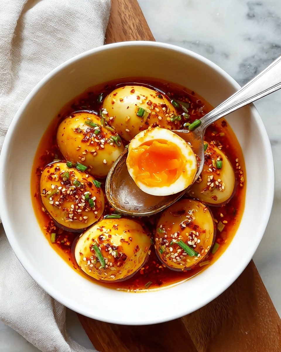 A white bowl sits on a white marbled surface with a wooden board underneath, containing several soft-boiled eggs in a reddish-orange chili oil sauce. The eggs are golden yellow with some white parts visible, and they are sprinkled with white sesame seeds and small green chives. One egg is cut in half and held by a silver spoon, showing the bright orange yolk inside with the sauce coating it, while two more spoons rest inside the bowl. A white cloth is partially visible next to the bowl. Photo taken with an iphone --ar 4:5 --v 7