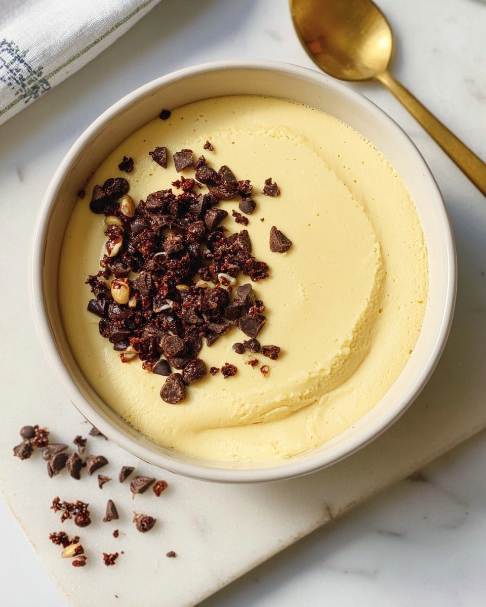 A white bowl holds a smooth, creamy light yellow custard with a slightly shiny, firm top layer. The custard has a small scoop taken out from the center, revealing a soft, white, fluffy layer beneath. On top of this exposed layer and sprinkled around are small, dark brown chocolate chips and crunchy, toasted brown granola pieces. A gold spoon rests inside the bowl, touching the custard. The bowl sits on a white marbled surface with scattered granola pieces around it. photo taken with an iphone --ar 4:5 --v 7