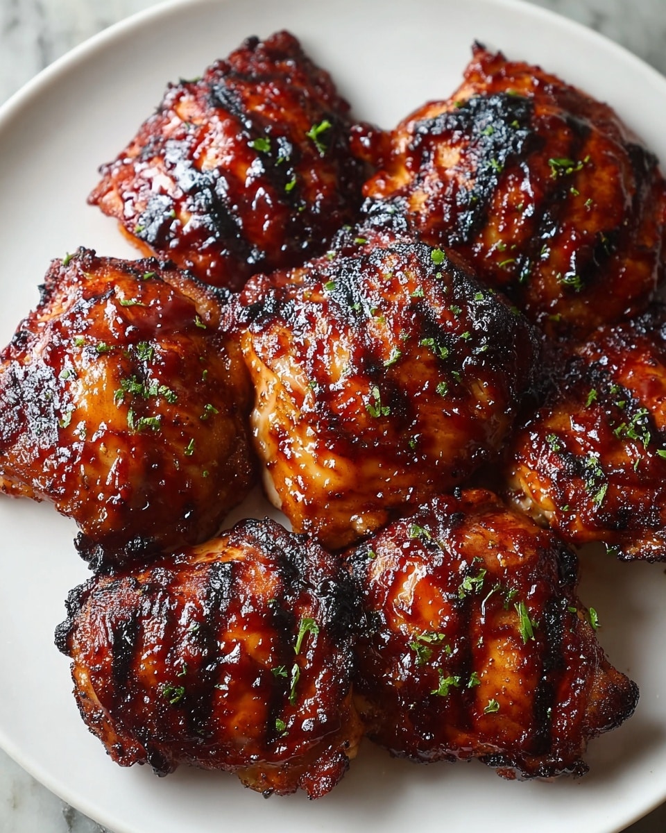 A white plate is filled with seven pieces of grilled chicken thighs, each covered in a shiny, sticky dark reddish-brown barbecue sauce with noticeable grill marks and slight charred edges. The chicken skin shows a mix of glossy sauce and crispy blackened spots, with some small green herb bits sprinkled on top for color contrast. The pieces are arranged close together, filling most of the plate, which sits on a white marbled textured surface. photo taken with an iphone --ar 4:5 --v 7