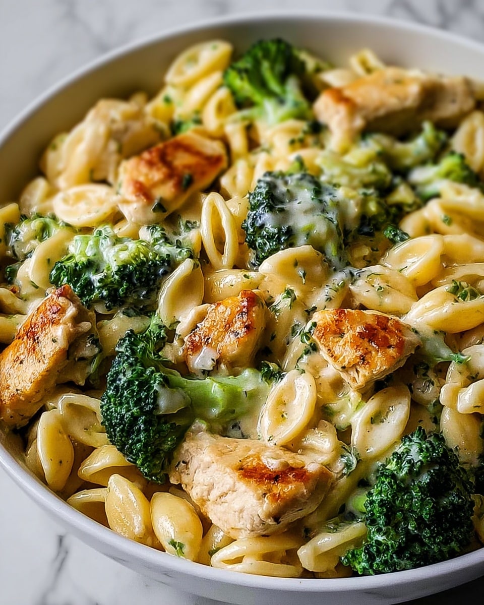 A close-up of a white bowl filled with a creamy dish made of small, oval-shaped pasta pieces mixed with chunks of golden-brown cooked chicken breast and bright green broccoli florets. The creamy sauce coats everything, giving it a glossy texture, with small bits of herbs visible on the chicken and throughout the dish. The broccoli contrasts with the light cream and pasta tones, while the chicken pieces show some light browning for a slightly crispy look. The bowl is placed on a white marbled surface. photo taken with an iphone --ar 4:5 --v 7
