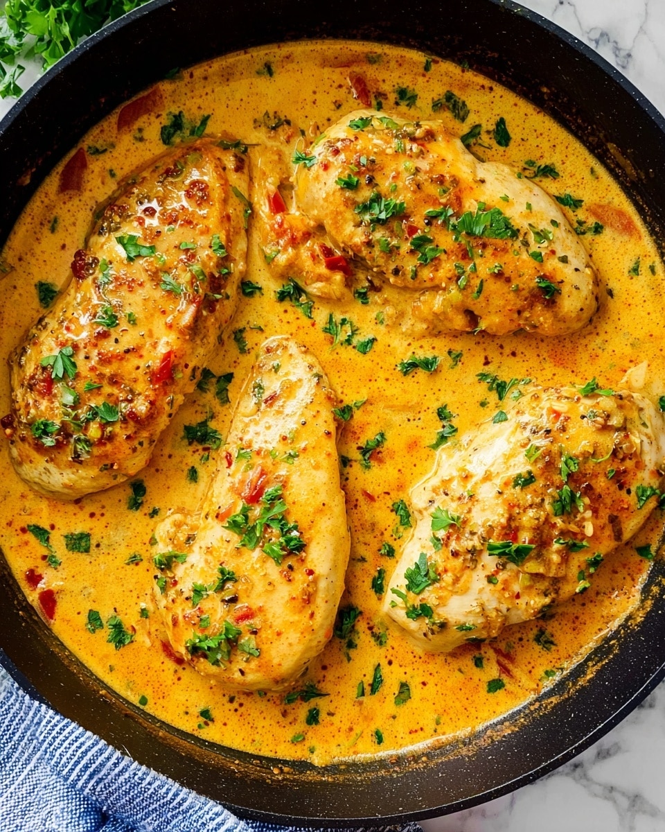 The image shows four cooked chicken breasts in a black skillet filled with creamy orange sauce. The chicken pieces are lightly browned and covered with small bits of seasoning and herbs. Bright green chopped parsley is sprinkled evenly on top of both the chicken and sauce. The sauce looks smooth with a few small chunks of red and white ingredients mixed in, creating a rich texture. The skillet sits on a white marbled surface with a glimpse of a blue and white striped cloth in the corner. photo taken with an iphone --ar 4:5 --v 7