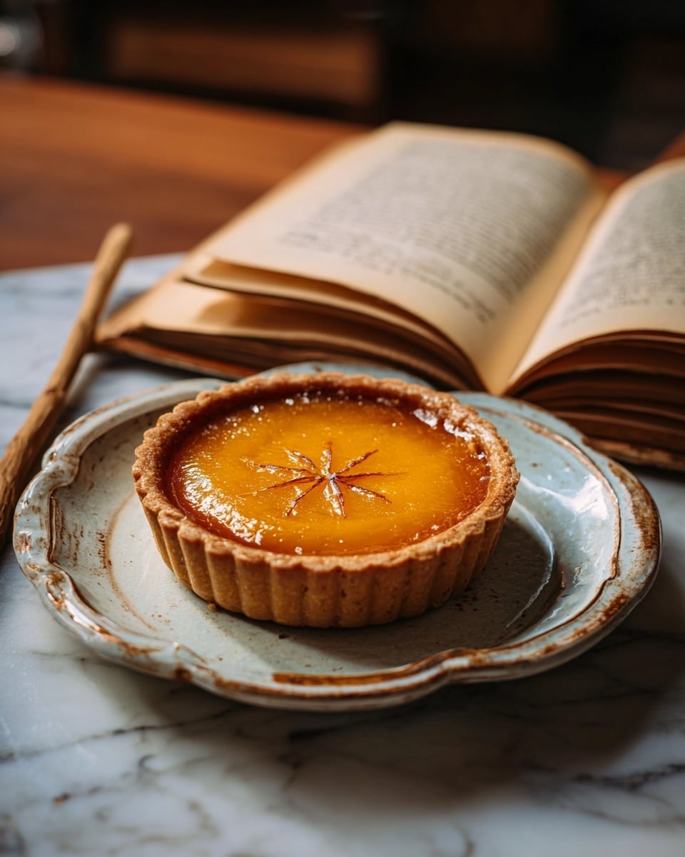 A small tart with a golden brown crust and a smooth, glossy orange filling sits in the center of a white plate with a worn, rustic look and a scalloped edge. The tart's crust is thick and ridged, holding a shiny filling that has a slight star pattern in the middle. The plate rests on a white marbled textured surface, and in the background, there is an open book and a wooden wand lying next to it, both slightly blurred. The lighting is warm and soft, giving the scene a cozy and inviting feel, photo taken with an iphone --ar 4:5 --v 7