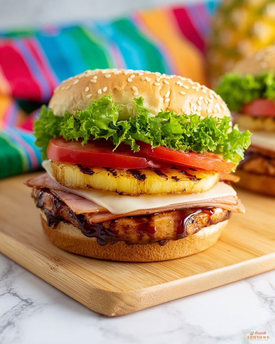 A toasted sesame seed bun sits on top of neatly stacked layers, starting with a thick grilled chicken patty covered with a shiny glaze on the bottom. Above the chicken is a slice of white cheese, then a layer of pink ham followed by a round grilled pineapple slice with char marks. On top of that there is bright green curly lettuce topped by two vibrant red tomato slices. The sandwich is placed on a light wooden board with a white marbled background and a colorful striped cloth blurred in the background. Photo taken with an iphone --ar 4:5 --v 7