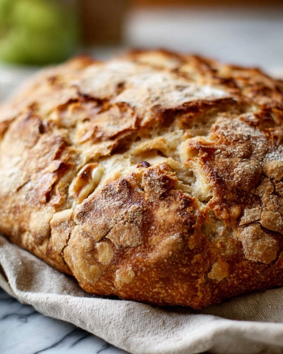 A close-up view of a freshly baked rustic bread with a rough, golden-brown crust that has deep cracks and irregular patterns. The bread has a thick, chewy texture with visible chunks of what looks like nuts or fruit embedded inside. It rests on a light beige cloth, against a background of green and brown blurred shapes on a white marbled texture. The crust shines slightly, showing a mix of crisp and soft parts. photo taken with an iphone --ar 4:5 --v 7