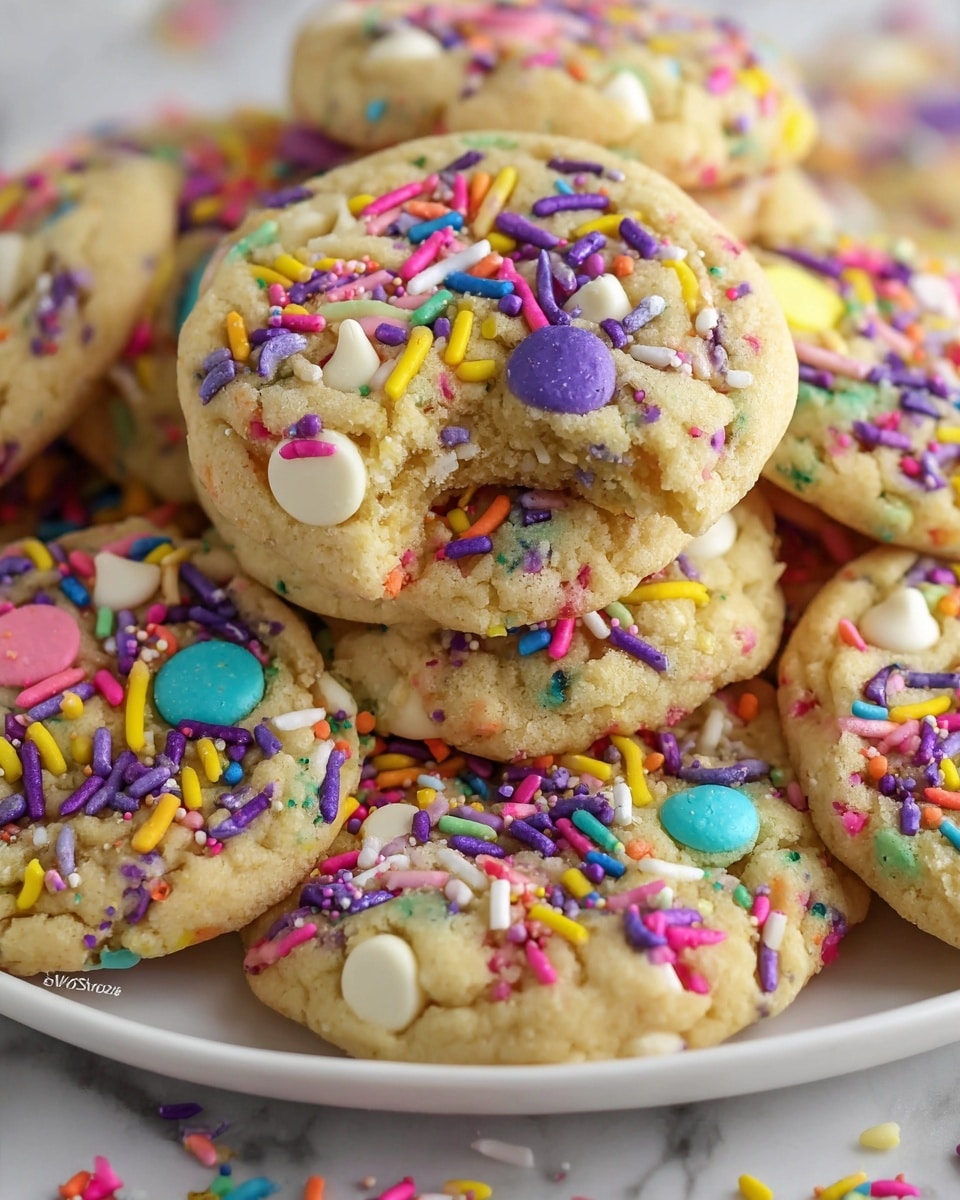 A stack of soft, light beige cookies covered with colorful sprinkles and candy pieces sits close together on a white plate, all set against a white marbled surface. Each cookie is thick with a slightly uneven, chewy texture and is decorated with layers of tiny cylindrical sprinkles in purple, yellow, pink, and white, along with flat round sprinkles in blue and pink, and small, smooth candy-coated pieces in green, yellow, purple, and blue embedded in the dough. Some cookies show melted white chocolate chips peeking through, adding to their varied texture. The top cookie is whole and prominently placed in the center, while others are piled underneath or broken into pieces around the edges, showing soft, dense cookie dough inside. Photo taken with an iphone --ar 4:5 --v 7