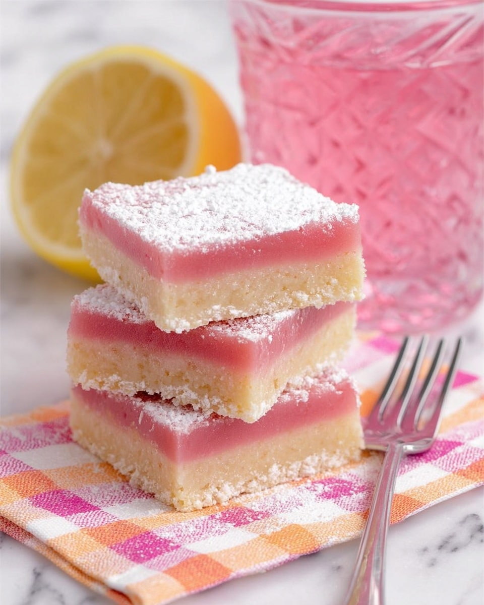 Three square dessert bars are stacked on white parchment paper on a white marbled surface, each bar showing two layers: a pale golden base layer with a soft, crumbly texture and a thick, translucent pink jelly layer on top. The bars are dusted generously with white powdered sugar. A silver fork sits in front with a small bite-sized piece of the dessert, also dusted with powdered sugar. The background features a blurred pink glass with a white marbled texture beneath. photo taken with an iphone --ar 4:5 --v 7