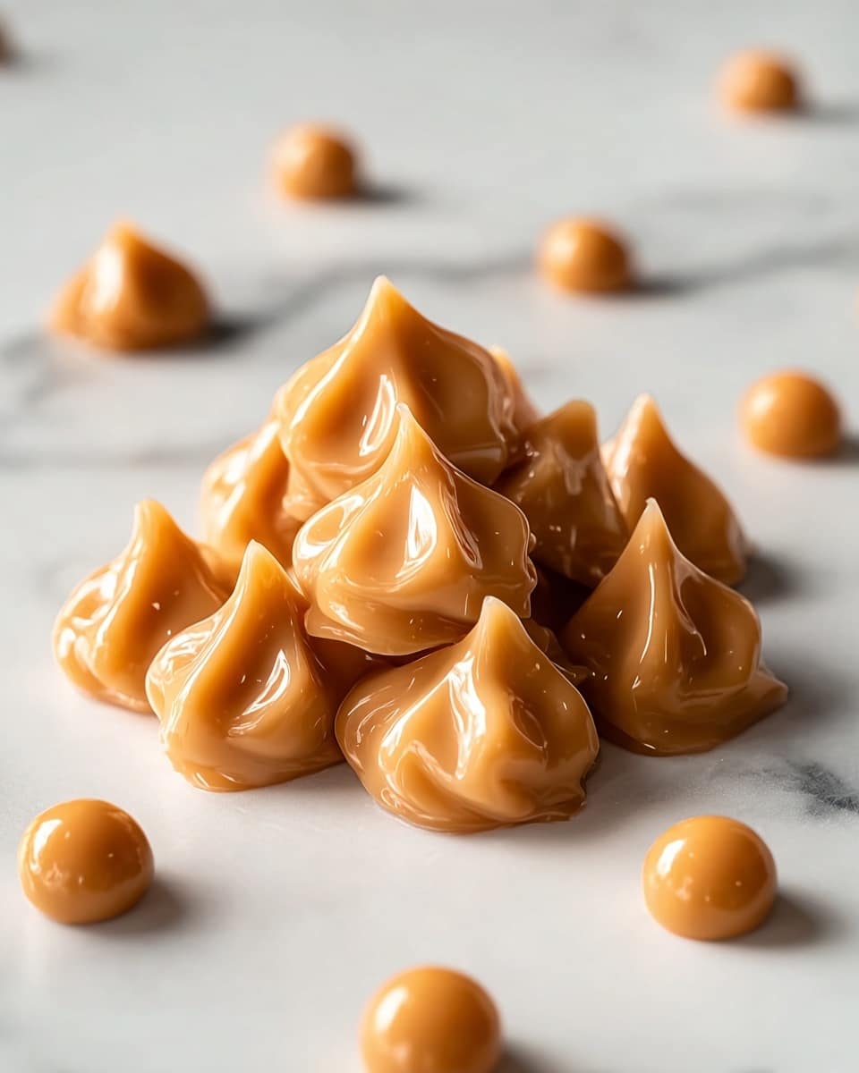 A small pile of glossy caramel drops sits on a white marbled surface, each drop shaped like a smooth, soft dollop with pointed peaks and shiny, light brown caramel color. Scattered caramel drops of different sizes surround the main cluster, adding a sense of slight messiness and richness. The background is simple and dark, creating strong focus on the caramel pieces with their smooth, creamy texture and reflective shine. Photo taken with an iphone --ar 4:5 --v 7