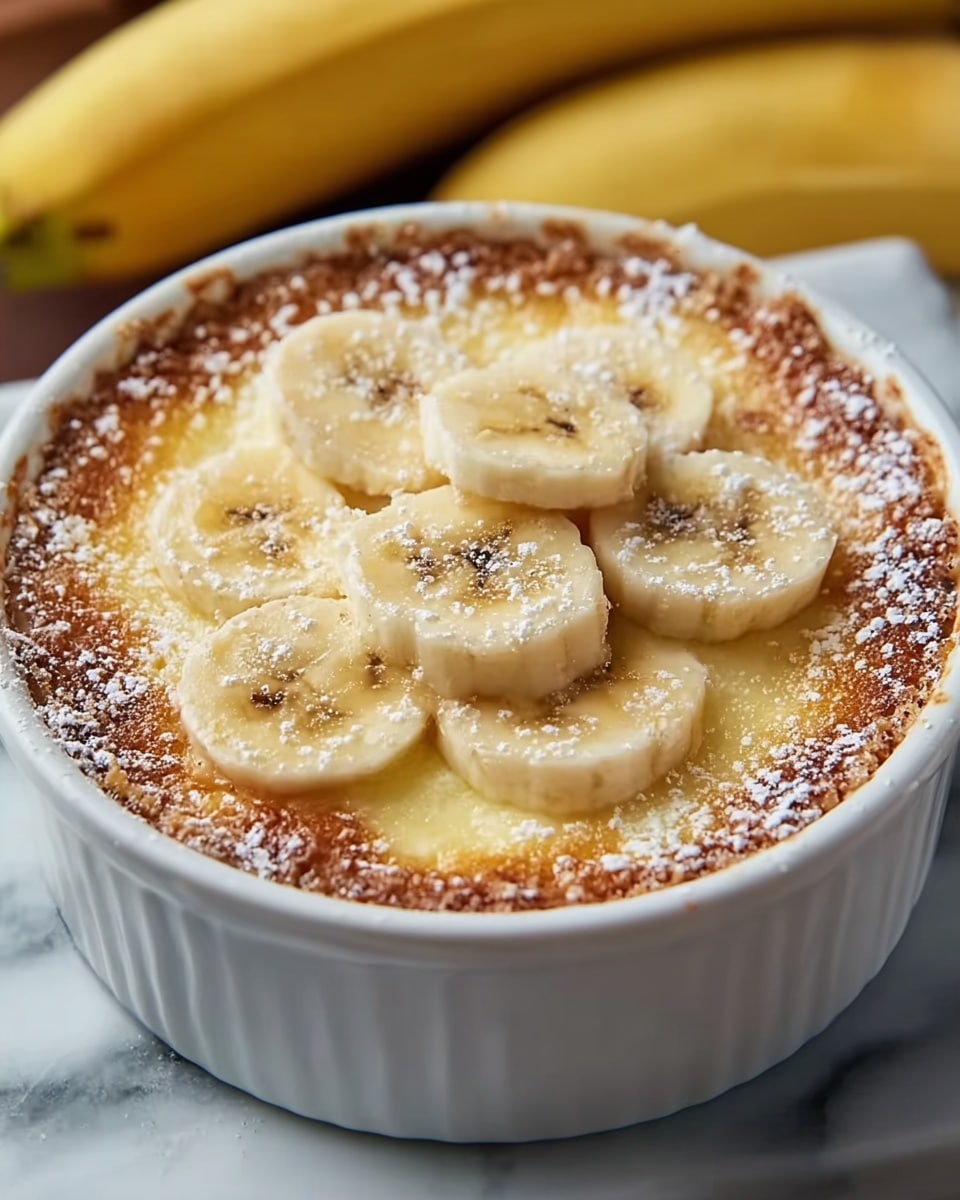 A round white ceramic dish contains a baked dessert with three visible layers: the bottom layer is a creamy light yellow custard, the middle layer is a crumbly golden brown crust that edges the dish, and the top layer features seven evenly spaced banana slices that are light yellow with a bit of gloss and small dark seeds in the center; the dessert is lightly dusted with white powdered sugar. The dish sits on a white marbled surface with a blurred background showing more bananas. Photo taken with an iphone --ar 4:5 --v 7