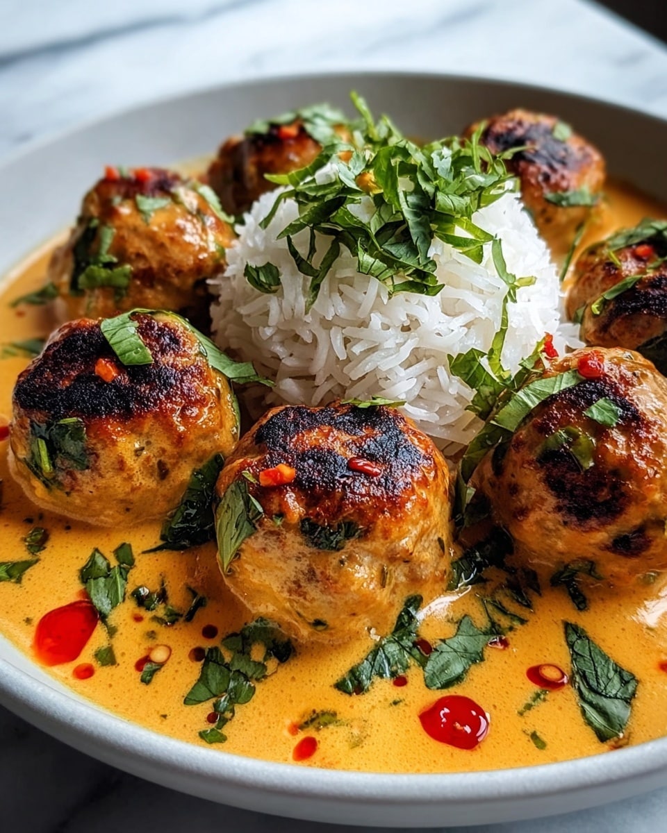 A white bowl filled with six golden-brown grilled meatballs, half-covered in a creamy orange curry sauce with green herbs sprinkled on top and red chili oil drops around. Behind the meatballs, there is a neat pile of fluffy white rice. The dish is on a white marbled surface. photo taken with an iphone --ar 4:5 --v 7