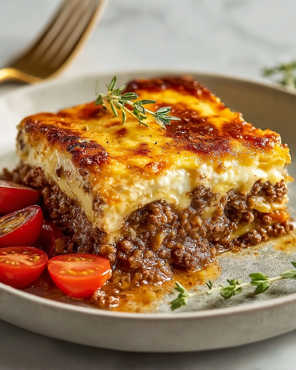 A square piece of lasagna sits on a white plate, showing three distinct layers: the top layer is golden brown, bubbly melted cheese with a slightly crispy texture, the middle layer is thick and packed with moist, cooked ground beef, and the bottom layer is a mix of melted cheese and meat juices spreading slightly onto the plate. Around the lasagna, there are bright red cherry tomato halves and a few green herb sprigs, adding fresh color contrast. The dish rests on a white marbled surface, and in the background, a blurry golden fork is visible. Photo taken with an iphone --ar 4:5 --v 7