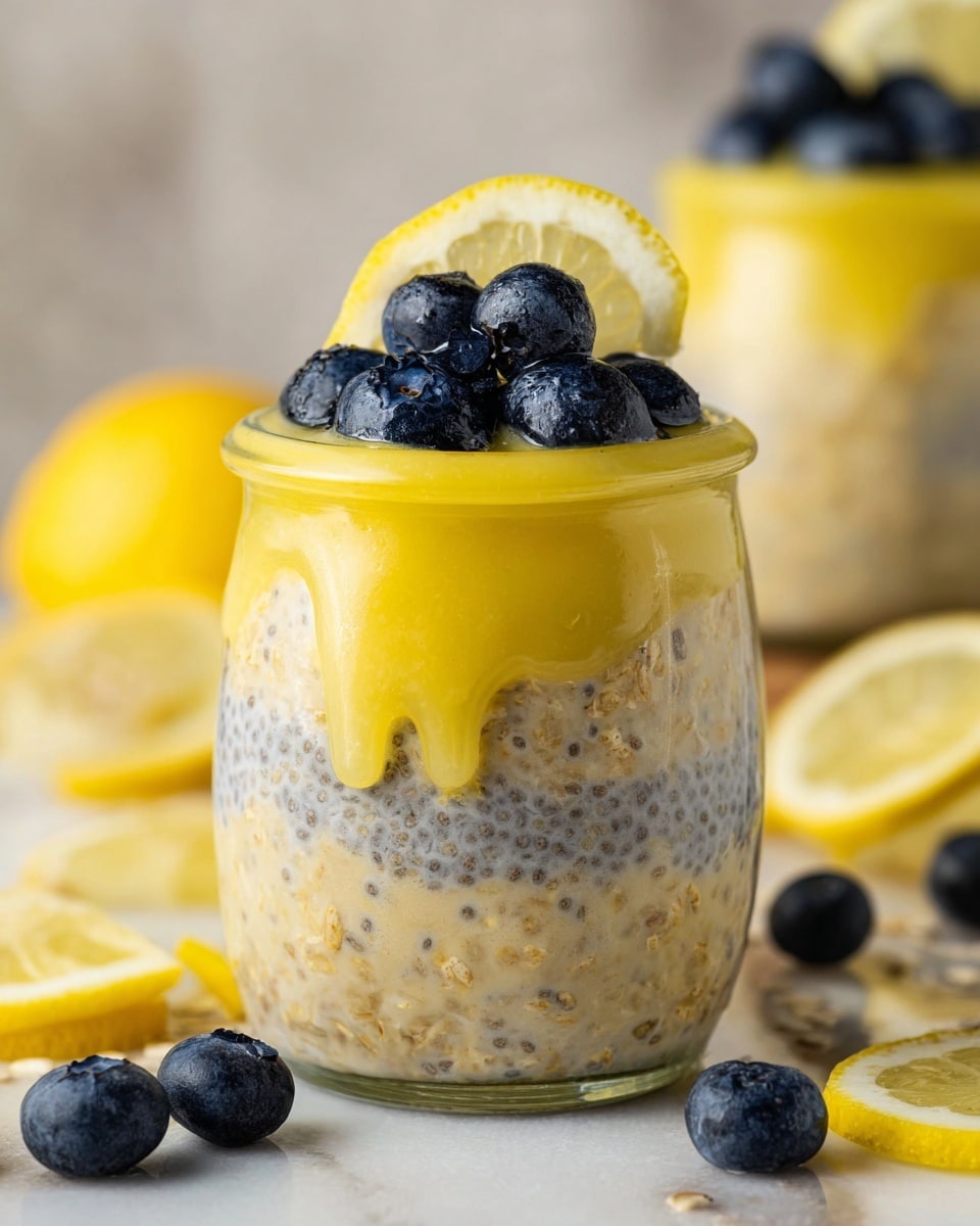 A small clear glass jar holds a three-layered dessert. The bottom and middle layers are a creamy oatmeal mix with small dark chia seeds visible throughout, showing a beige color with flecks of brown. The top layer is a thick, glossy yellow lemon curd that slightly drips down the sides of the jar. On top, there are plump, dark blue blueberries gathered closely, along with a thin lemon slice resting behind them. The jar sits on a white marbled surface surrounded by fresh lemon wedges and more blueberries. In the background, there is another similar jar slightly out of focus. photo taken with an iphone --ar 4:5 --v 7