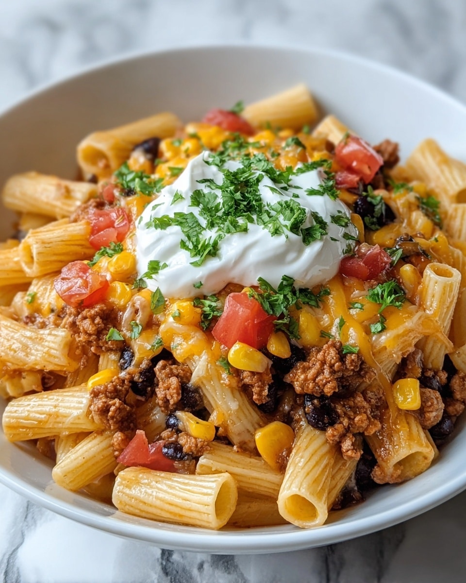 A white bowl filled with a layered pasta dish featuring rigatoni pasta as the base, pale yellow with a slight sauce coating. The next layer has cooked ground beef, black beans, and melted orange cheddar cheese mixed throughout. On top, bright yellow corn kernels and diced red tomatoes are scattered. The dish is garnished with a dollop of white sour cream at the center and sprinkled with fresh green chopped cilantro, adding vibrant color contrast. The bowl sits on a white marbled surface. photo taken with an iphone --ar 4:5 --v 7