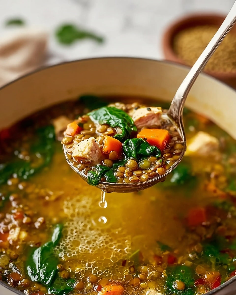 The image shows a close-up of a ladle lifting a hearty lentil soup from a pot. The soup has several layers: the bottom layer is a light golden broth with small bubbles, full of green lentils scattered throughout. The middle layer consists of bright orange carrot chunks and tender pieces of light brown chicken. The top layer features fresh dark green spinach leaves scooped up with the lentils and chicken, adding a fresh color contrast. The spoon is metal and shiny, catching light, with a drip of broth falling back into the pot. The pot's edge is visible, filled with the same colorful soup on a white marbled surface, softly blurred with a bowl of lentils in the background. Photo taken with an iphone --ar 4:5 --v 7